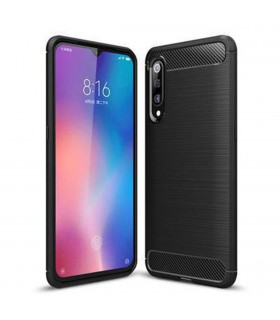Funda silicona Xiaomi Mi 9 Inserciones simil a fibra de carbono negro