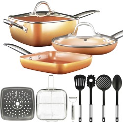 Set Sartenes Copper Pan 12 pzs, Antiadherente, Cerámica, Revestimiento Cobre Alta Calidad,