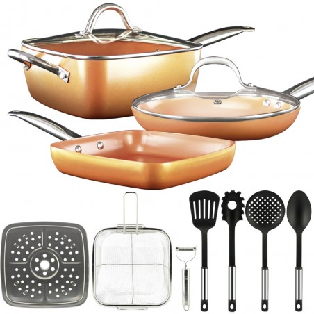 Set Sartenes Copper Pan 12 pzs, Antiadherente, Cerámica, Revestimiento Cobre Alta Calidad,