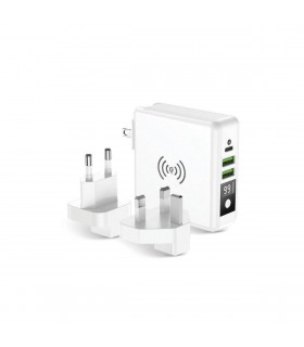 Cargador de red 4 en 1 (2x USB 3A, 1x USB-C y Carga Inalámbrica Quick Charge 3.0) Blanco